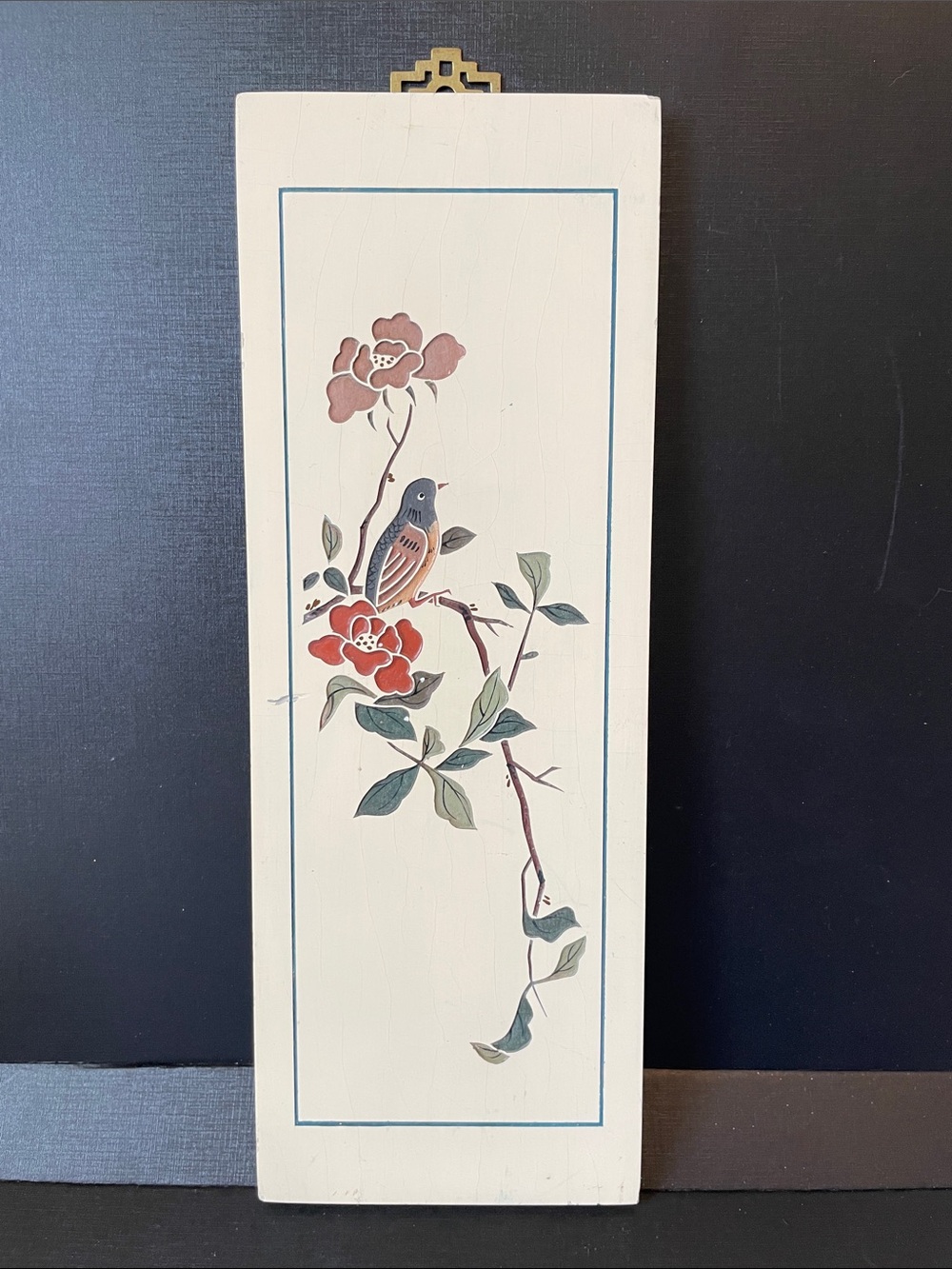 Hand-Painted Floral Bird Wall Plaque Lacquered Carved 5x13 inches